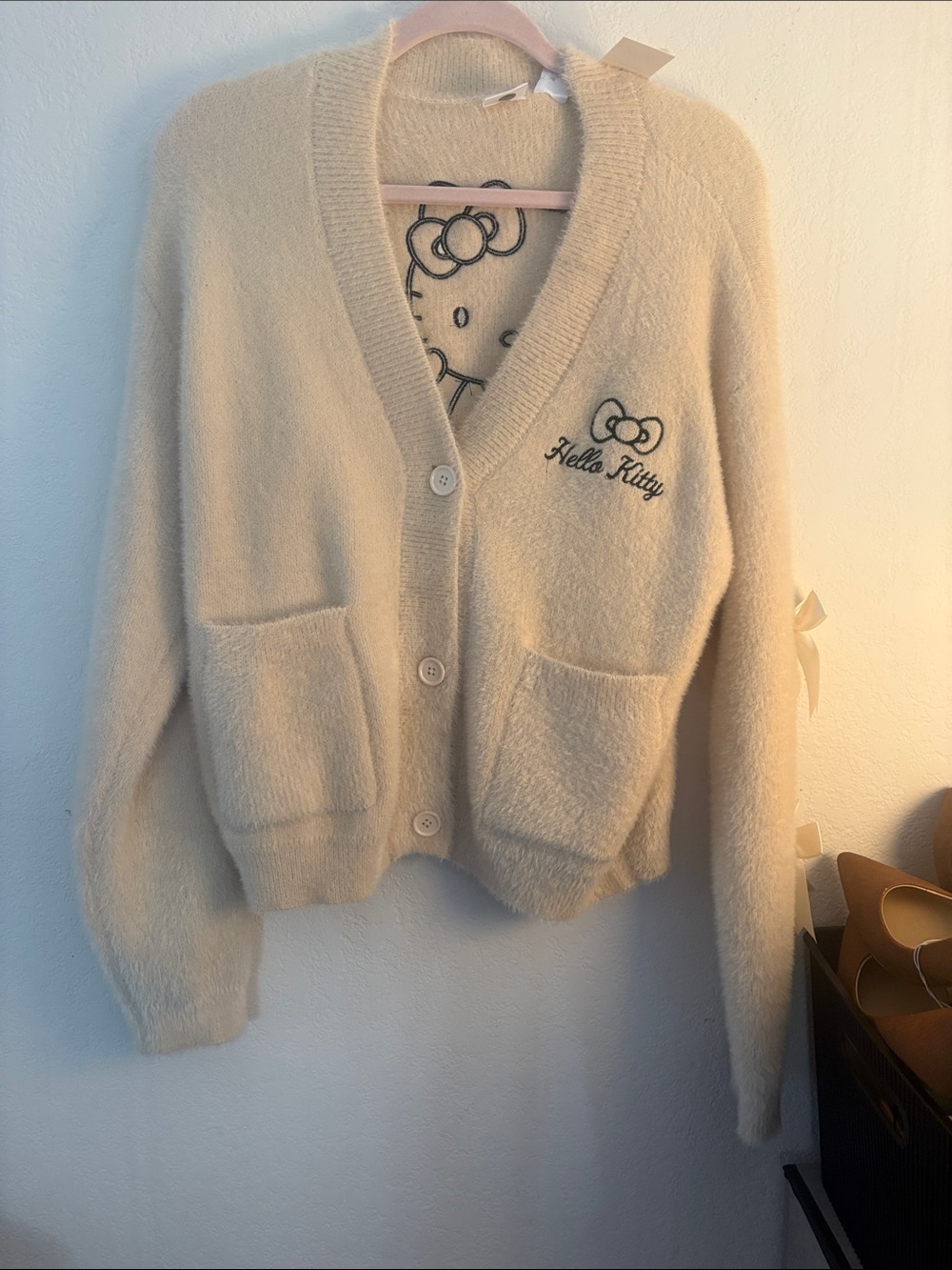 Hello Kitty Cream Button-Up V-Neck Cardigan with Embroidered Logo